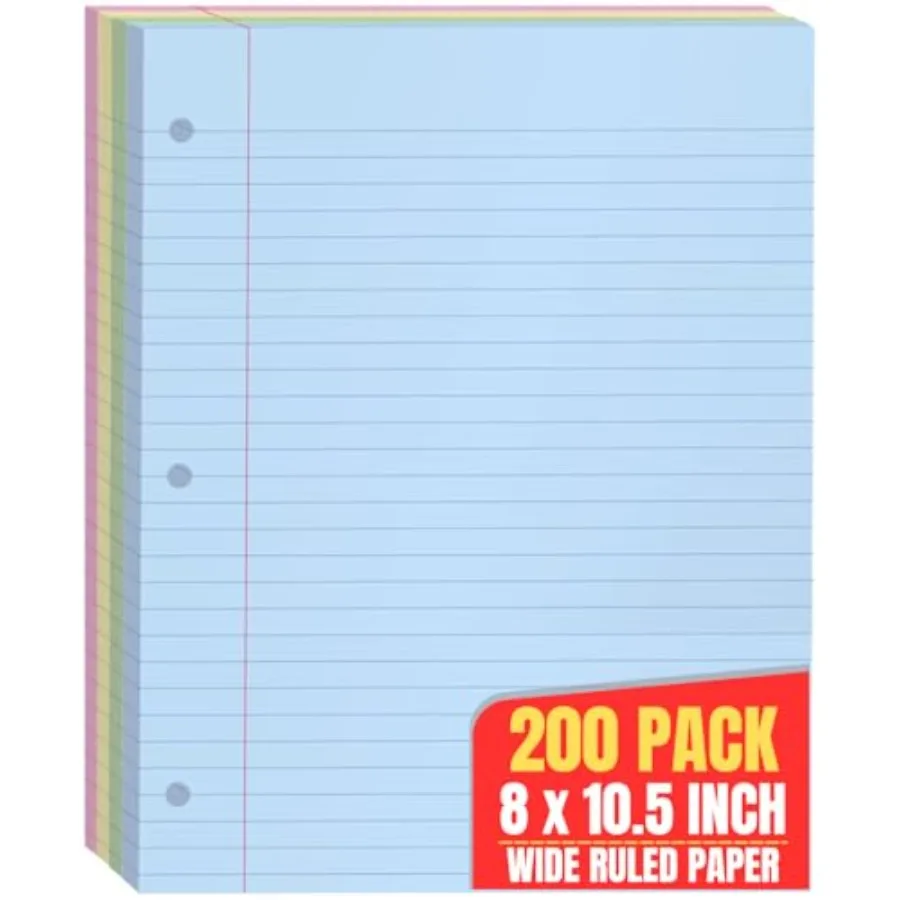 

Colored Notebook Paper 8.5x11, Wide Ruled, Lined Loose Leaf Paper, Pastel, 200/Pack