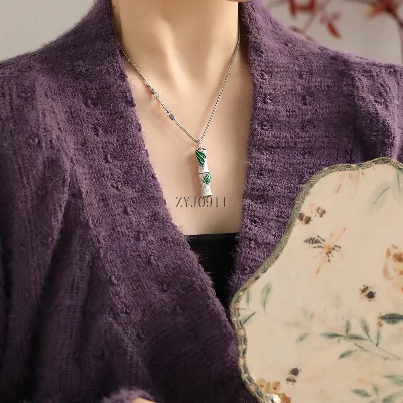 Pie plata esmalte bambú colgante collar feminidad personalidad estilo étnico versátil nueva joyería china