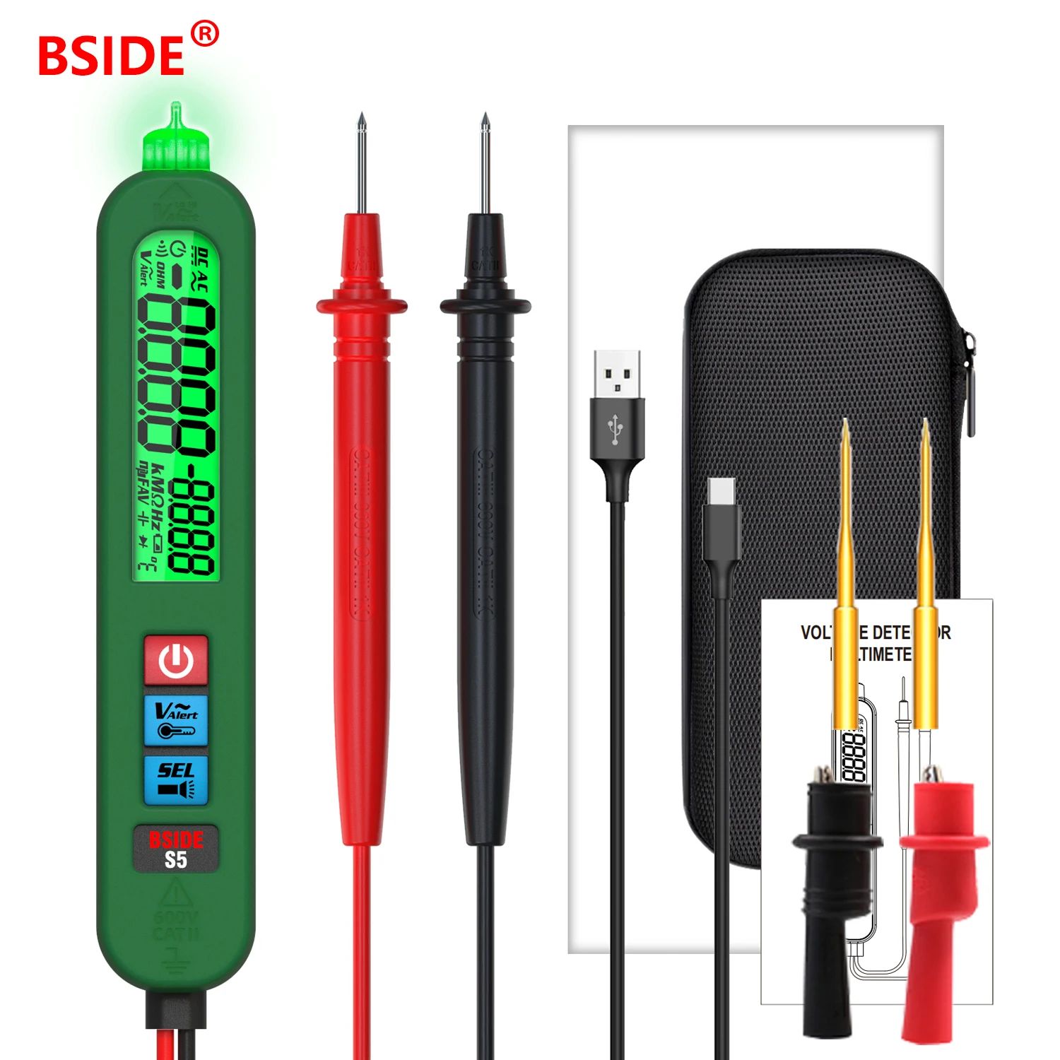 

BSIDE USB Charge Non-contact Voltage Tester Auto Range Smart Multimeter Digital True RMS Ohm Diode Hz NVC Continuity Live Tester