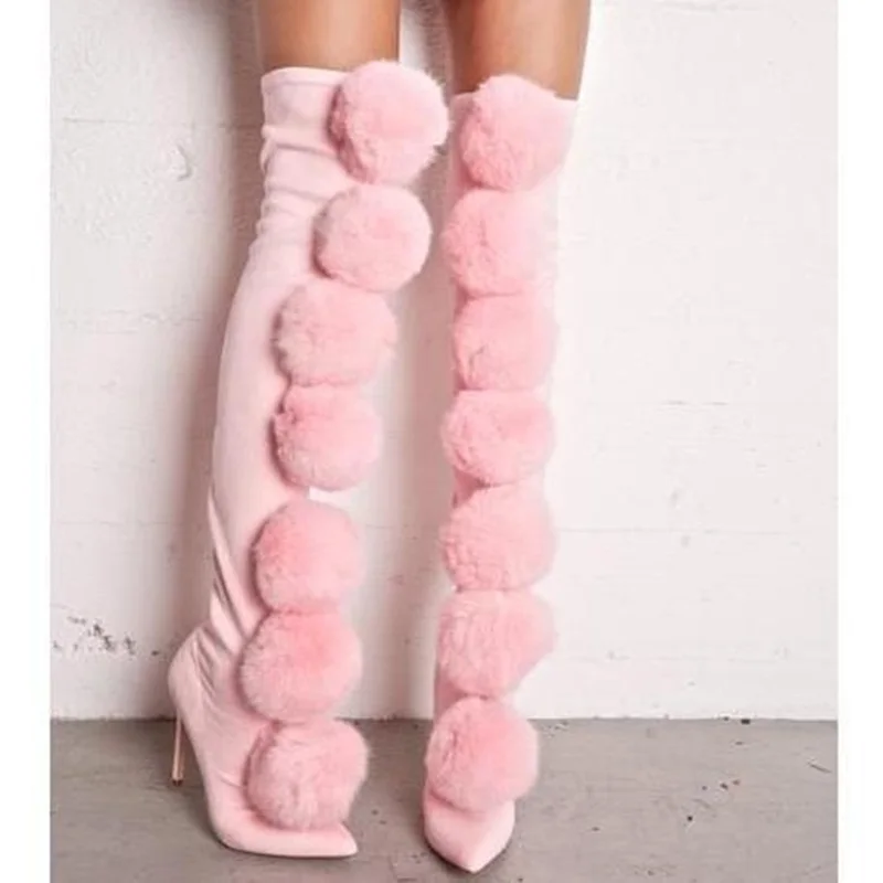 

Pom Pom Decor High Heels Women Winter Tall Boots Pink Black Suede Stretch Fabric Pointed Toe Knee High Boots