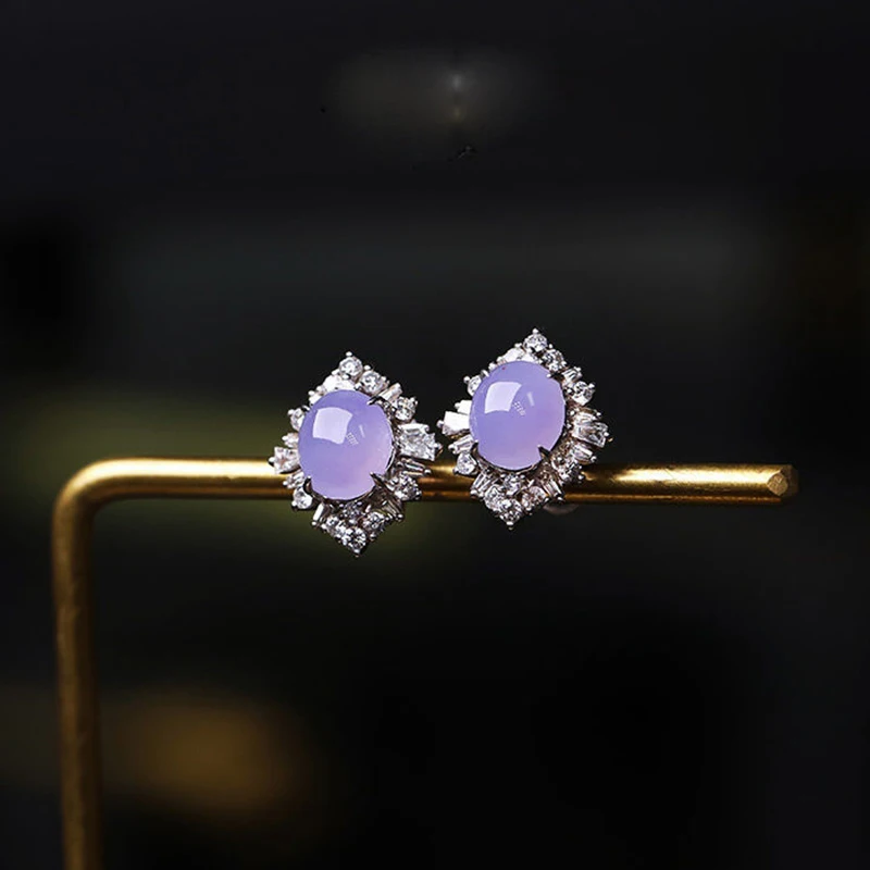 Inspiration craft silver inlaid crystal natural chalcedony violet geometric stud earrings exquisite charm ladies jewelry