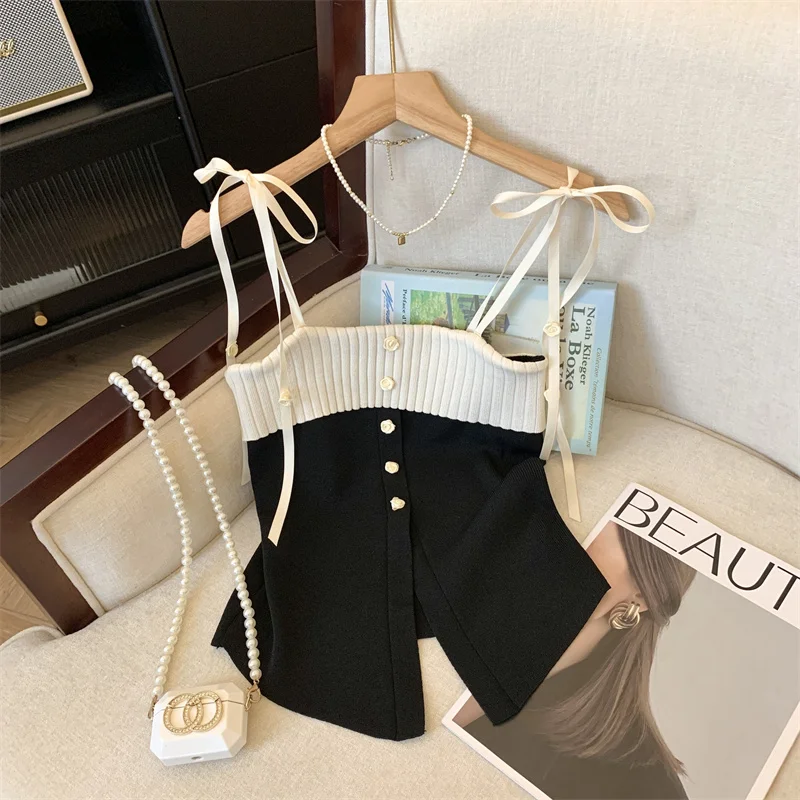 Top de Alça Tricotado Retro para Mulheres, Vestuário de Verão ao Ar Livre, Tamanho Pequeno, Comprimento Esportivo