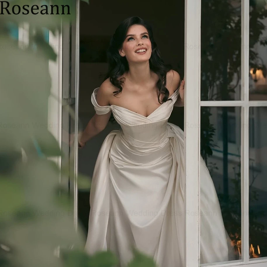 Roseann Wedding Dresses Princess Off Shoulder Satin amanda novias oficial Sweetheart Pleated Sweep Train Bridal Gown Customized