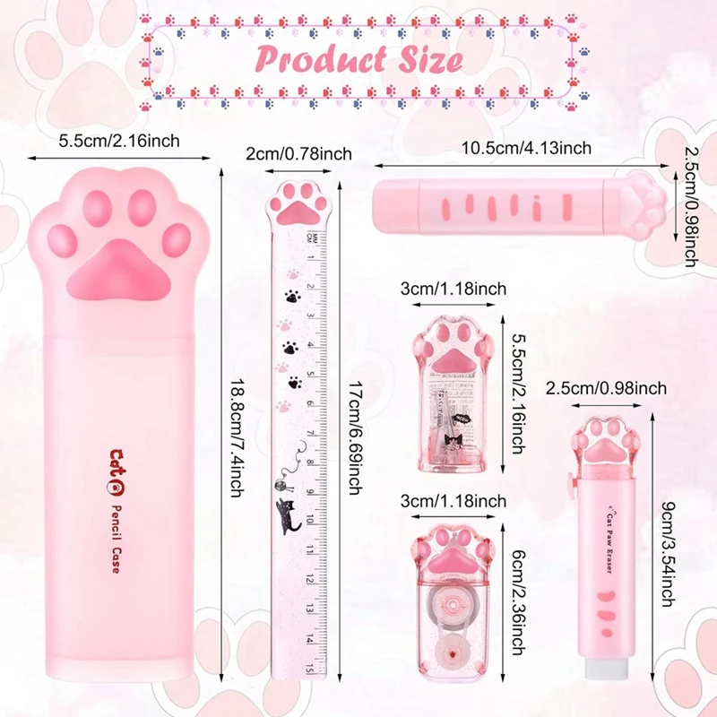 Cute Cat Paw Stationery Set, 6 Pcs Kawaii Cat Stationary Kit Pencil Sharpener Retractable Eraser Correction Tape Ruler