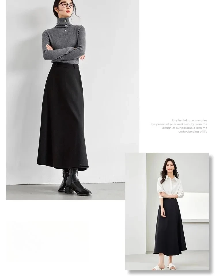 VIMLY Black Wide-Leg Pants 2026 Autumn Flowy Ankle-Length Side Zipper Detail Trousers Office Lady Commuter Fashion Bottoms A1738