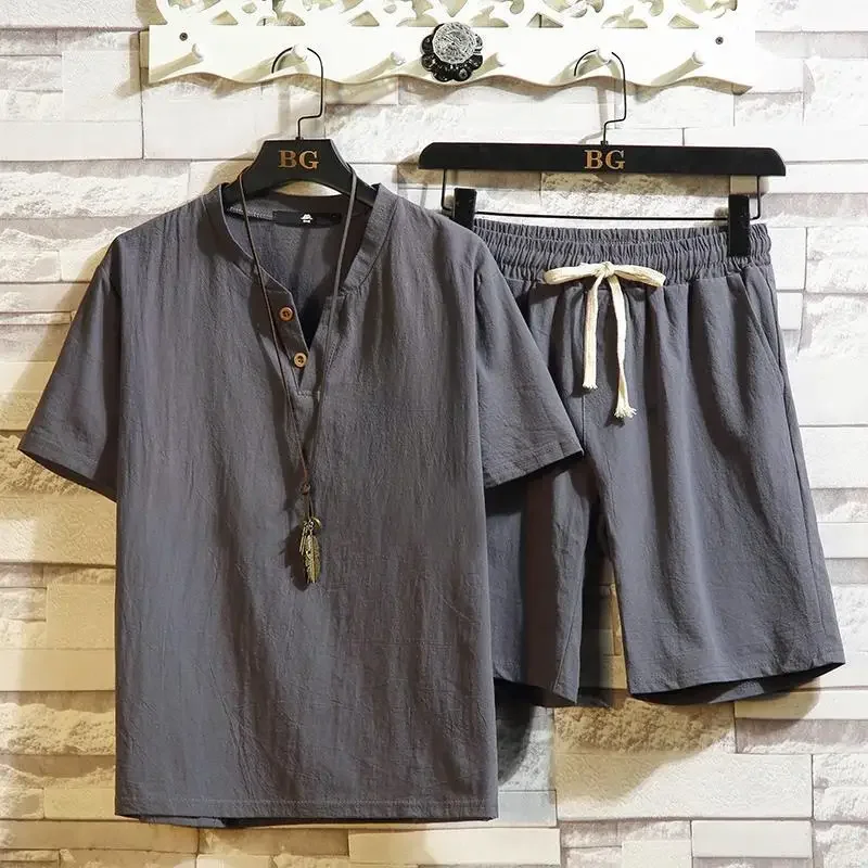 

New Male Large Size Thin Set Cotton Linen Short-sleeved Shorts Suit Men Solid Color Trend Linen Leisure Sports Two-piece Summer