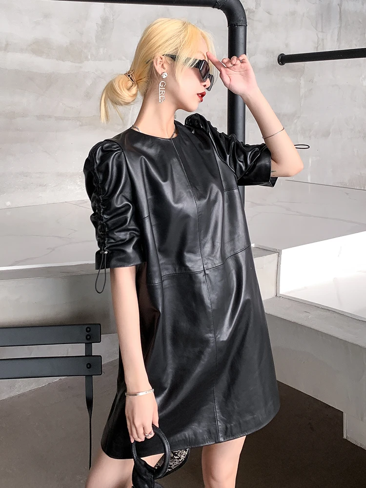 Designer Women Loose Fit Drawstring Puff Sleeve Sheepskin Genuine Leather Dress Ladies Sexy Back Hollow Out Dresses Real Leather