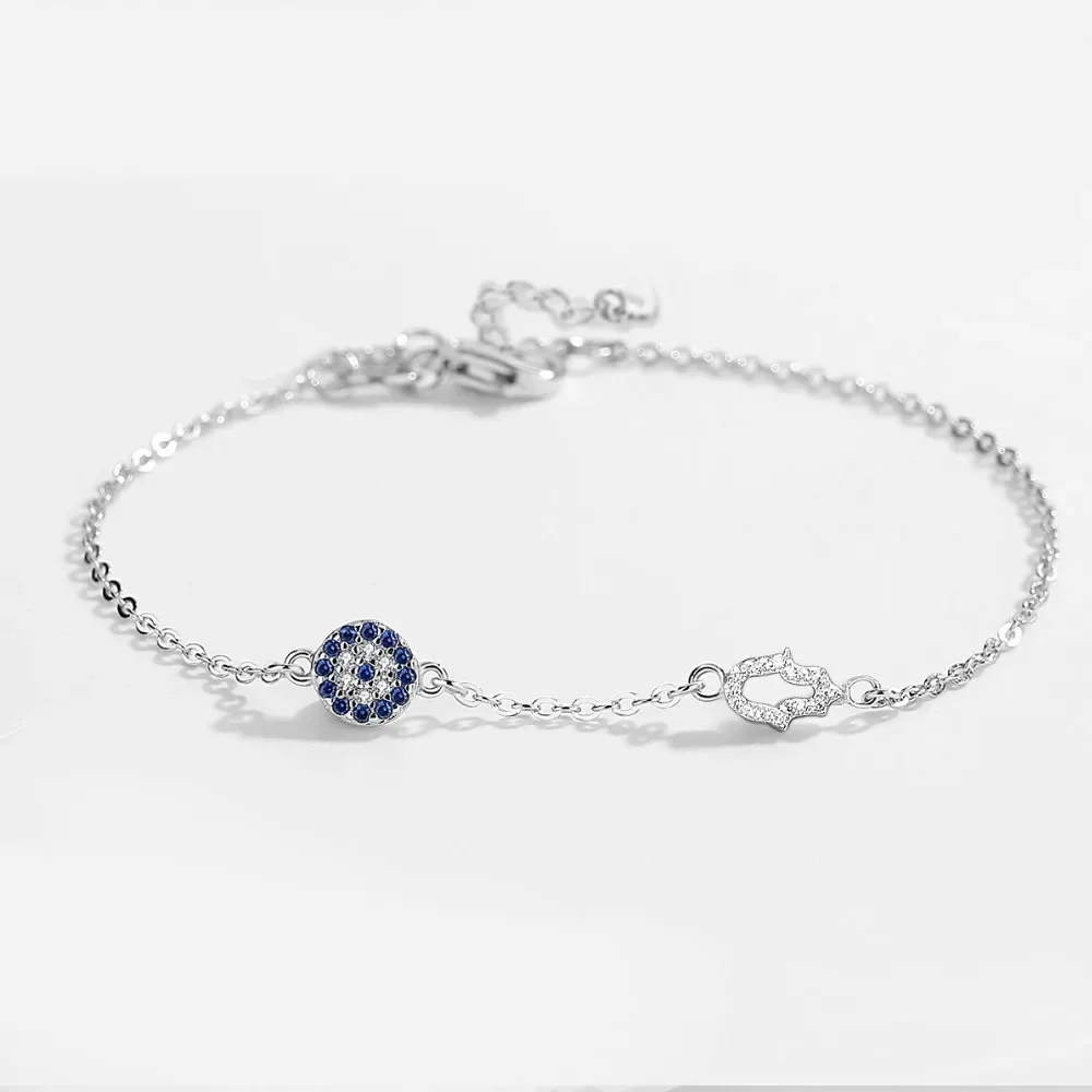 TONGZHE Hamsa Hand Evil Eye Charm Bracelet 925 Sterling Silver Luck Blue CZ Chain Link Bracelets For Women Turkish Jewelry