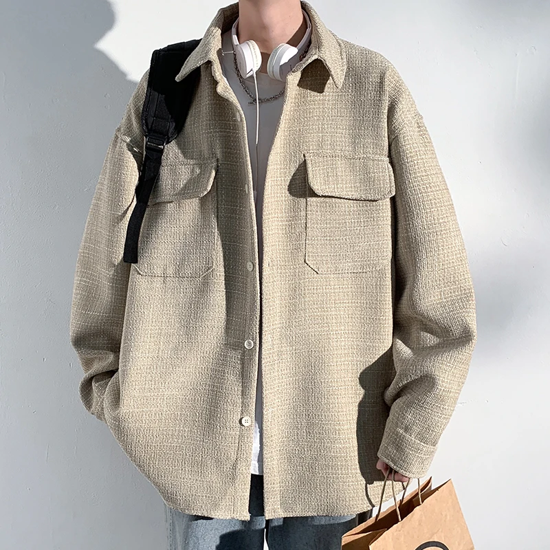 

Laid-ba Japanese Sle Men's Jaet Spring Autumn Loose Long Sve Plaid Workwear Coat Youth Faion Breathable Outerwear