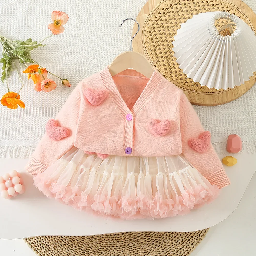 2-7Y 2024 Autumn Kid\'s Clothing Set 3D Heart Sweaters + Tulle Skirts 2 PCs Knit Suits Girls Sweet Knit Cardigans Coat Tutu Skirt