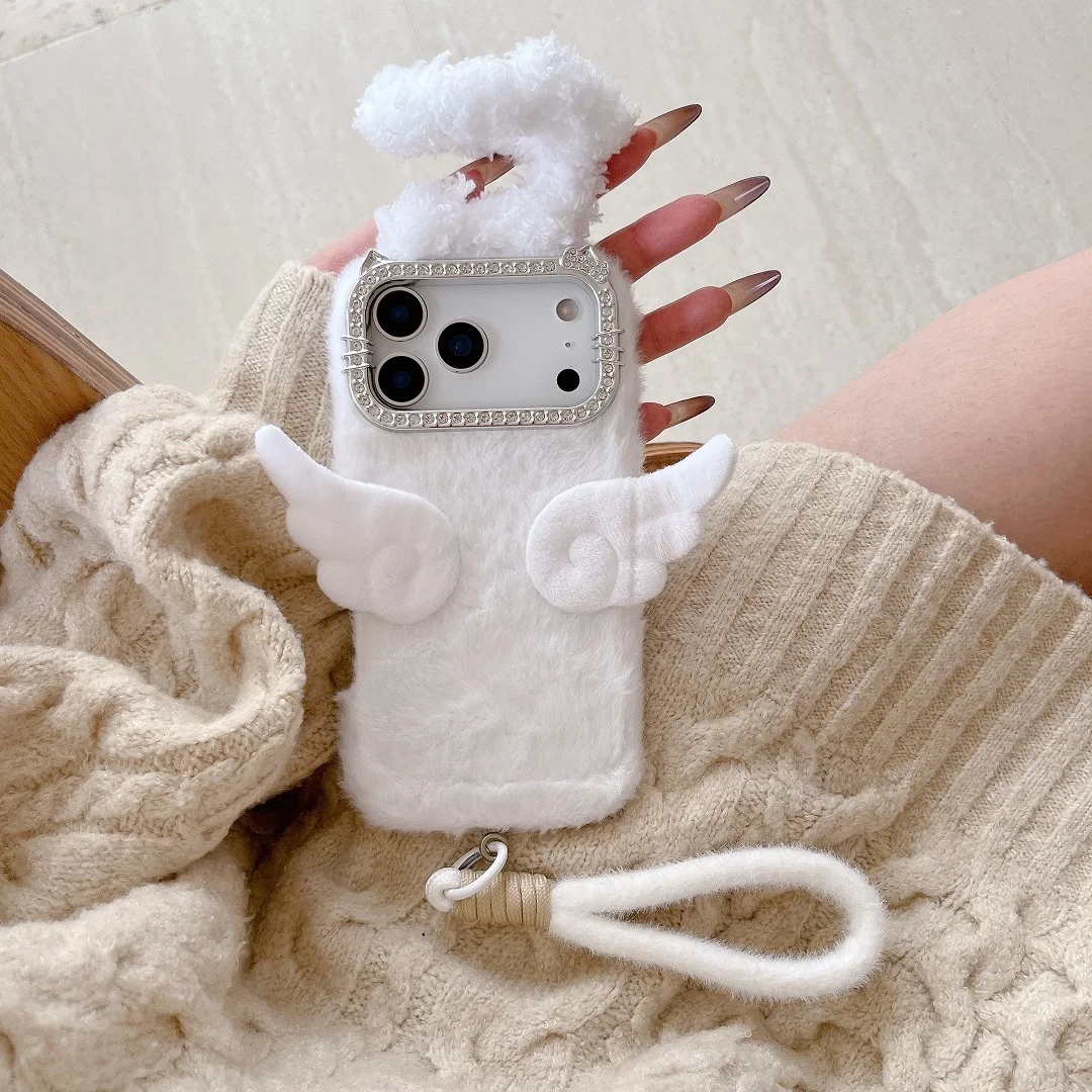 Otoño Invierno cordón cuerda lindo Ángel Halo funda de felpa para iPhone 13 14 15 16 17 Pro Max Plus carcasa a prueba de golpes cubierta de teléfono esponjosa
