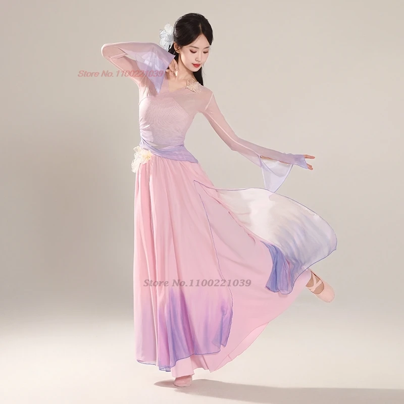 2025 زي الرقص الشعبي الصيني التقليدي المتدرج اللون هانفو الرقص الشعبي الشرقي ممارسة مرحلة الأداء ملابس الرقص