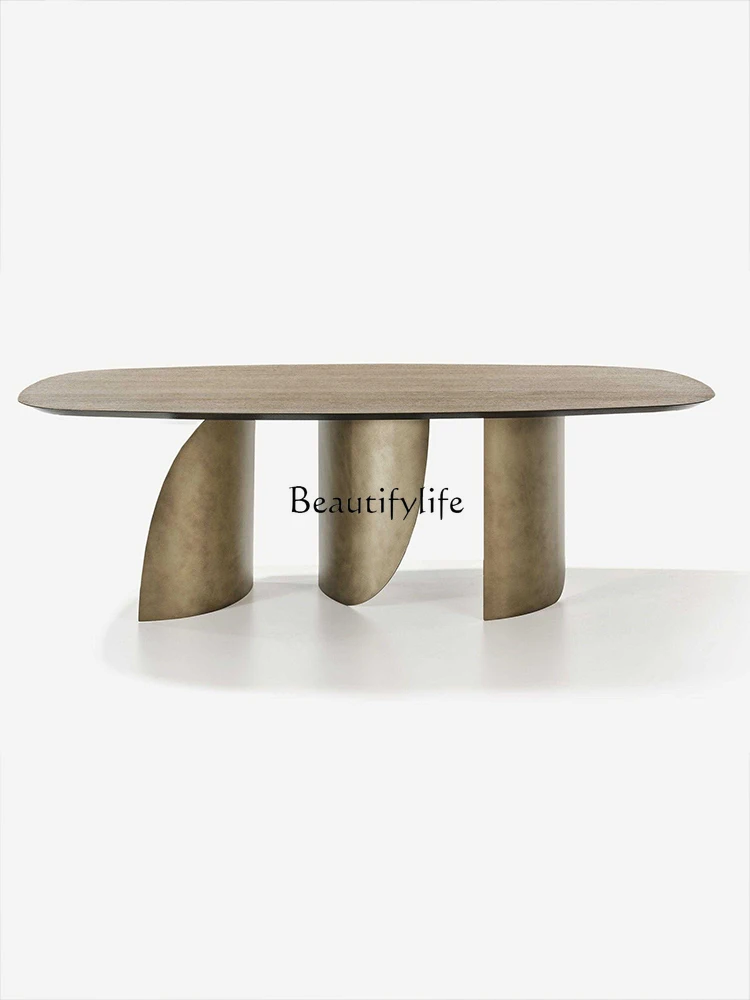 Italian minimalist dining table Villa household high-end stainless steel light luxury dining table