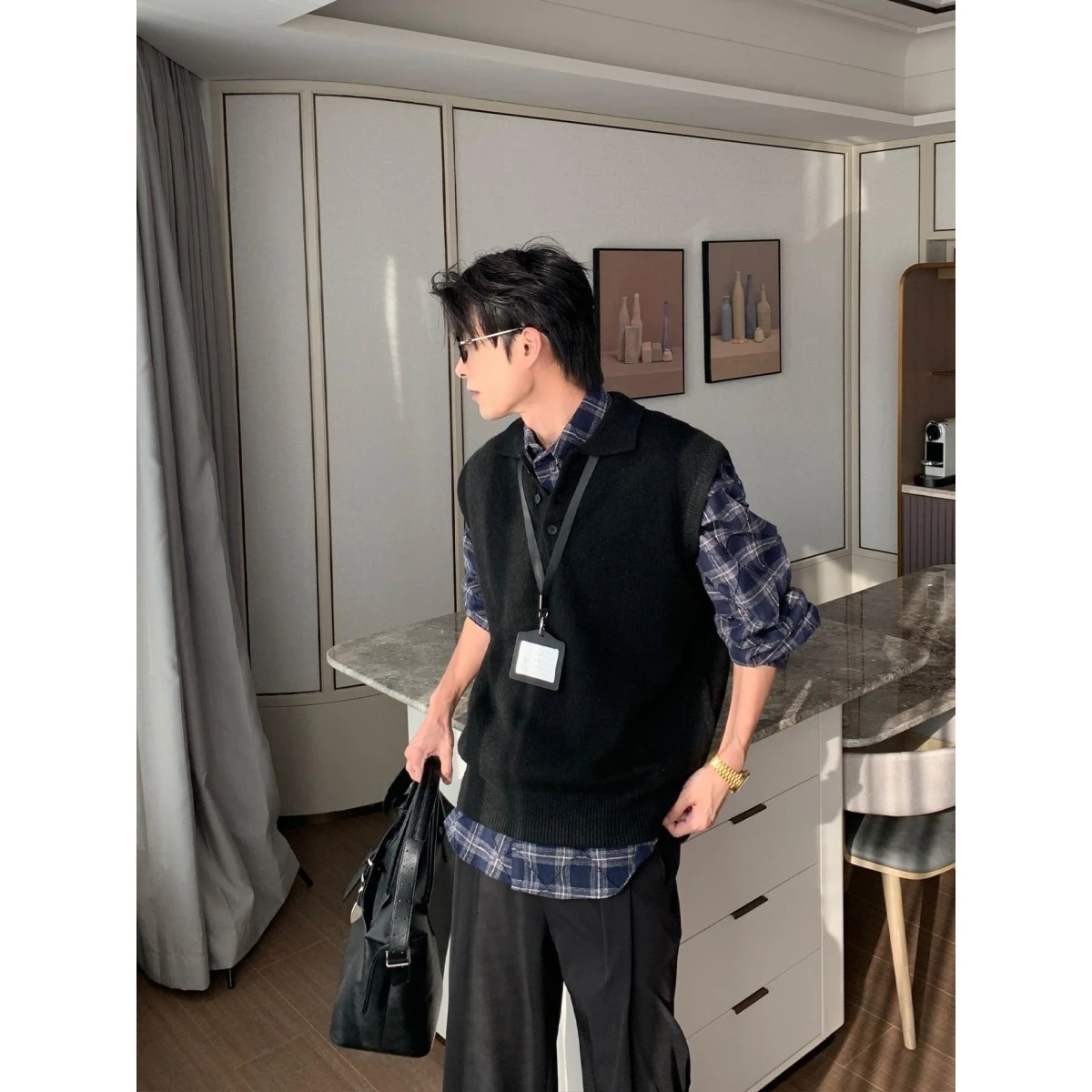 

Мужской вязаный жилет с v-образным вырезом и воротником-стойкой Light Maturi Sle, удобная посадка, повседневная одежда, полиэфирное волокно, зимнее готовое