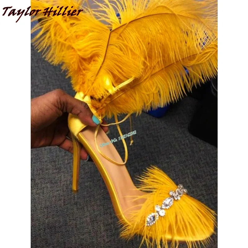 New Rhinestone Gray Feather High Heels Round Toe Open Toe Ankle Strap Super High Heel Women\'S Shoes Nightclub Catwalk Sandals 45