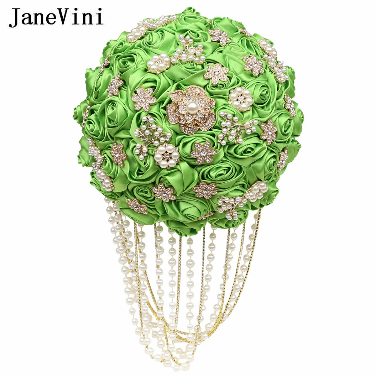 JaneVini Luxurious Green Rhinestones Crystal Wedding Bouquets for Bride Burgundy Layered Pearls Tassel Bridal Artificial Flower