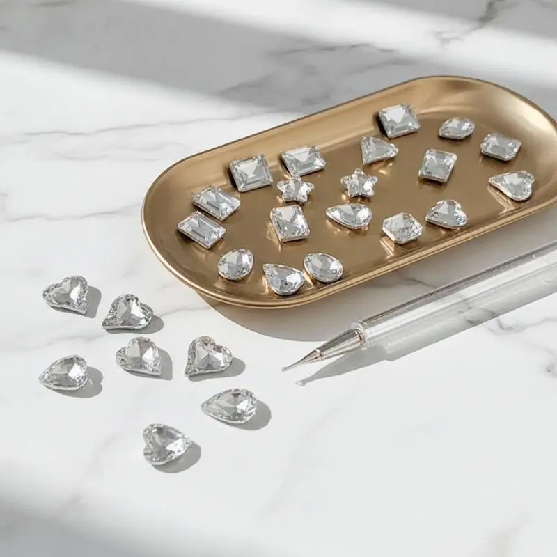 20 pièces, décorations pour ongles en cristal transparent blanc, longues, de forme octogonale et carrée, avec motifs en forme de diamant, accessoires pour la partie inférieure des ongles.