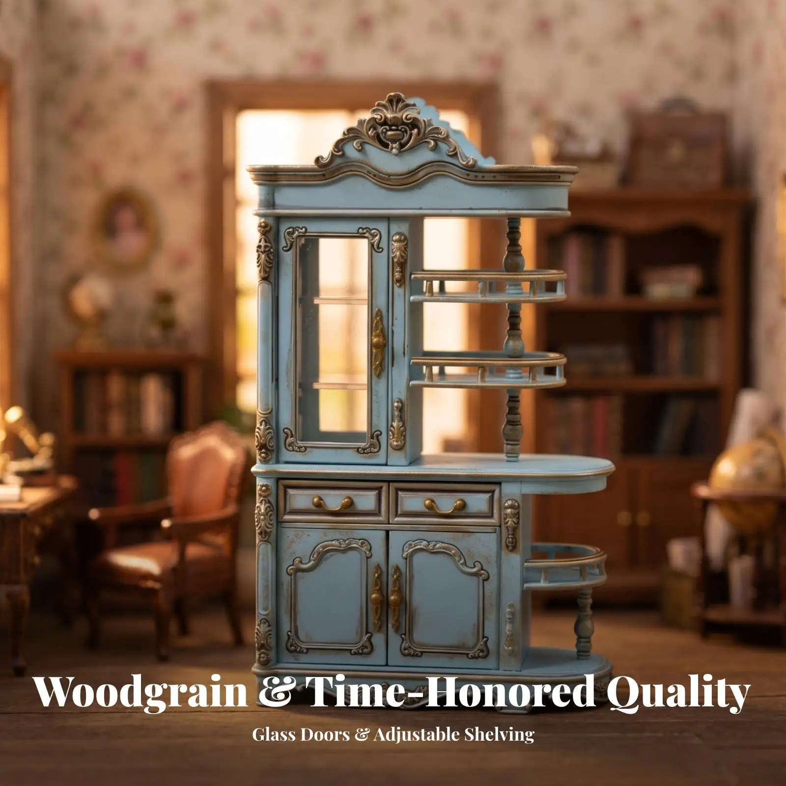 Tiny Display Cabinet Dollhouse Miniature Furniture with Opening Doors and Drawers for Collectible Toy Scenes Tiny Display Cabinet Dollhouse Miniature Furniture with Opening Doors and Drawers for Collectible Toy Scenes