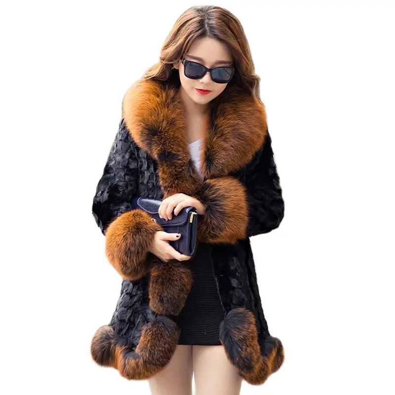 

100% Genuine Coat Luxury Fox Collar Fashion Mid Length Coat Slim Fit Warm Big Collar