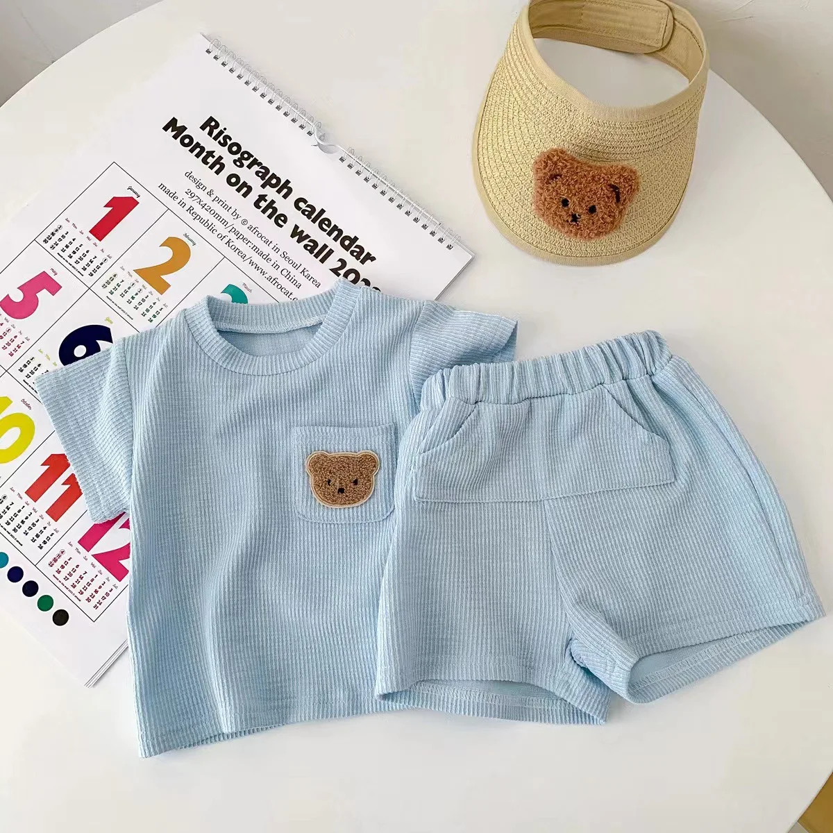 Solid Color Tracksuits Children Fashion Casual Short Sleeve Tops Shorts Summer Boys Girls Clothing Cute Little Bear Simple 2pcs