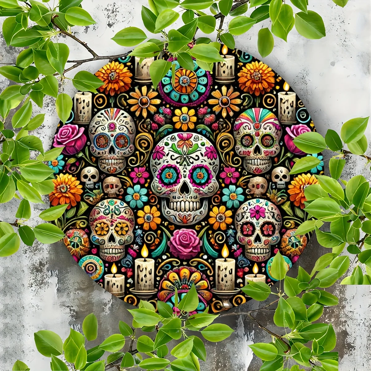 Letrero de Metal con corona de calavera de caramelo, impresión redonda 2D, decoración del Día de los muertos para dormitorio, oficina, sala de estar, cafetería, Bar, 1 ud.