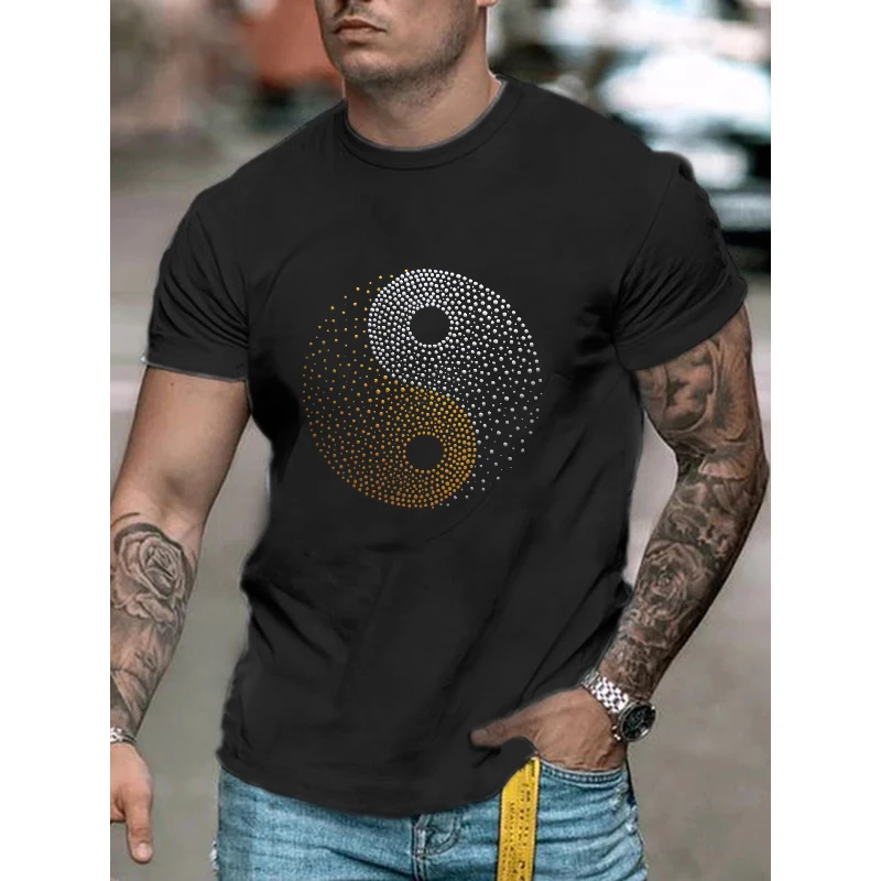 Quality Men\'s Fashion Oversized T-Shirts Flame Hot Drill Tee Tops Short Sleeve O-Neck Rhinestone Street Men Clothing Tshirt Y2K