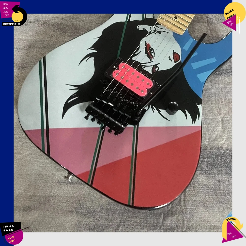 80s Glam Metal Shape Pop Art Girl Painted Graphic Pink Finish Humbucker Pickups Double-Locking Tremolo Electric Guitar