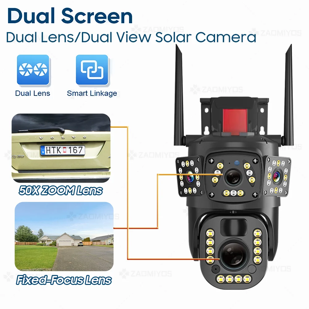 4K 50X Optical Zoom Dual Screen Security Solar Camera 8MP 4G Sim/WiFi PTZ Dual PIR Detection Humanoid Auto Tracking CCTV IP Cam