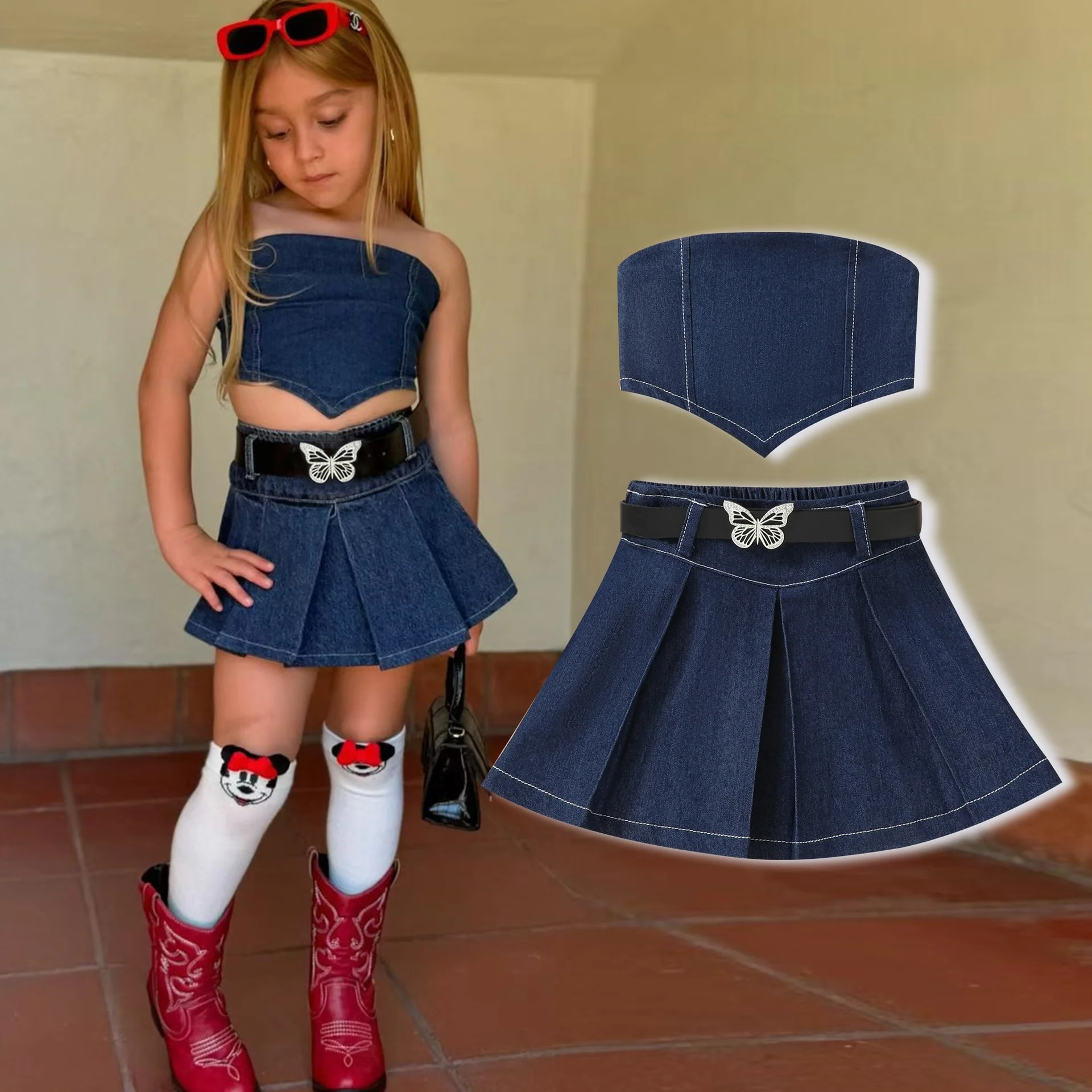 

a Summer Faion Girls' Set with Sa Pleated Skirt And Tube Top in Denim Material Thin Polyester for Ages 2-6