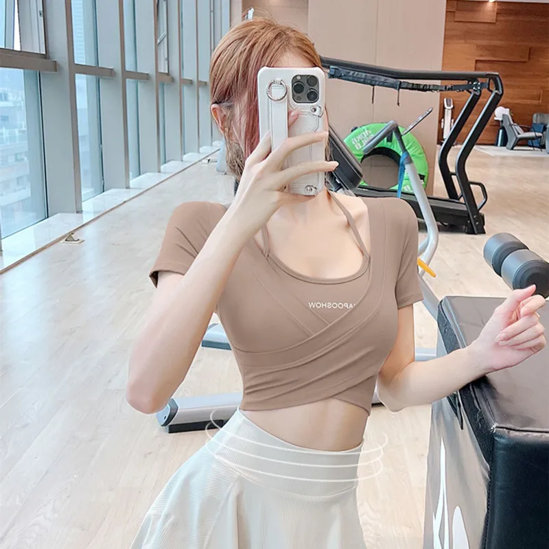 Sport Running Yoga Clothes with Chest Pad Thin Strap Neck Hanging Style Short Sleeve Show Slim Belly Button Cross Short Top