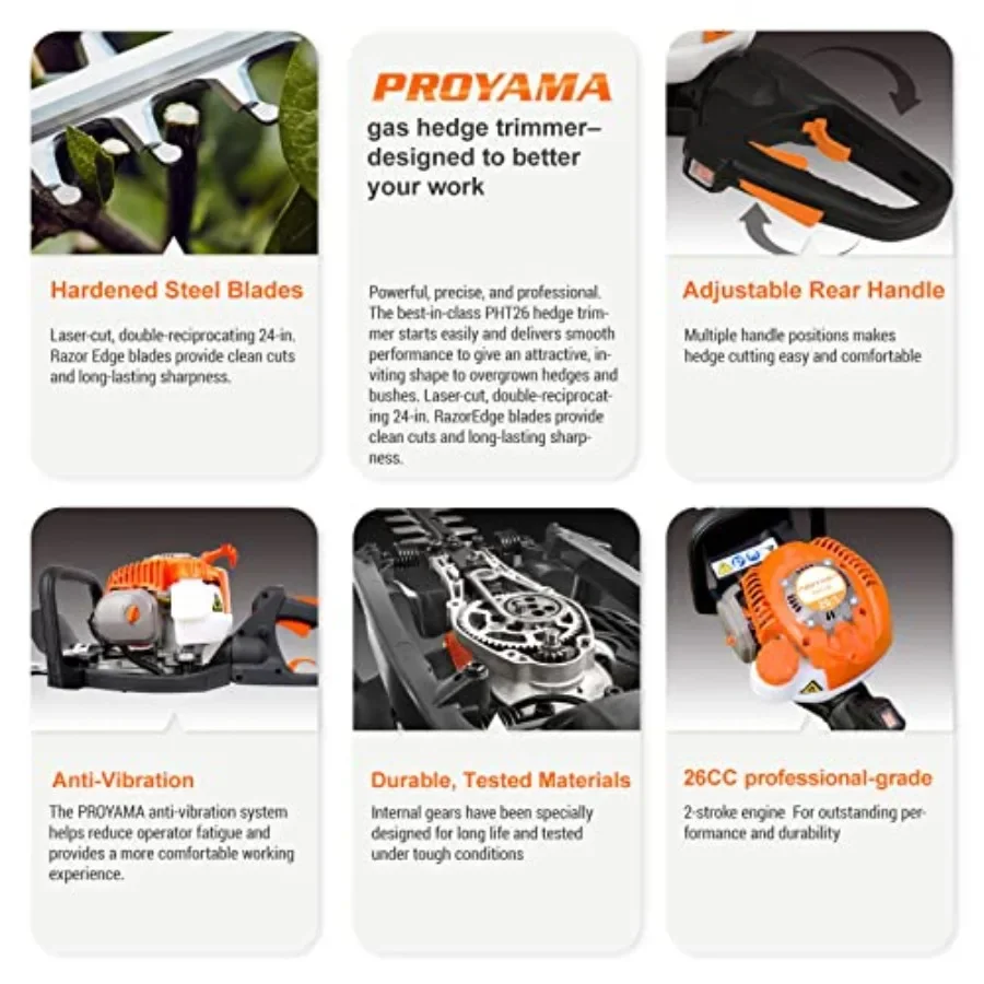 24 Polegada 26cc 2 ciclo alimentado a gás dupla face aparador de sebes com alça rotativa para paisagistas profissionais usuários domésticos e garde