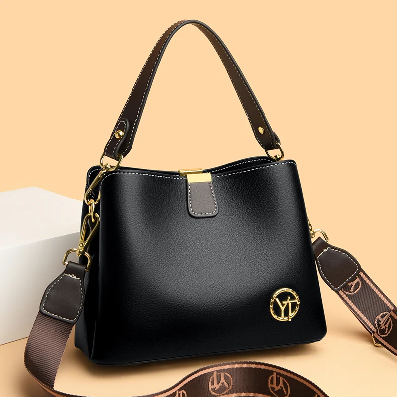 

New Retro Large Capacity Women Shoulder Bag Solid Color PU Leather Crossbody Bag Female Casual Bucket Designer Messenger Handbag