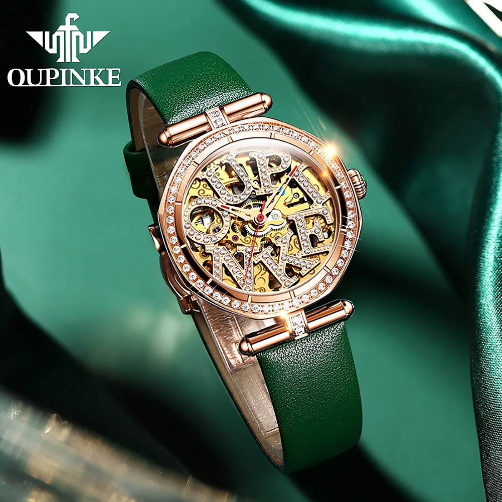OUPINKE 3175 Diamond inlaid hollow dial women\'s fully automatic mechanical watch