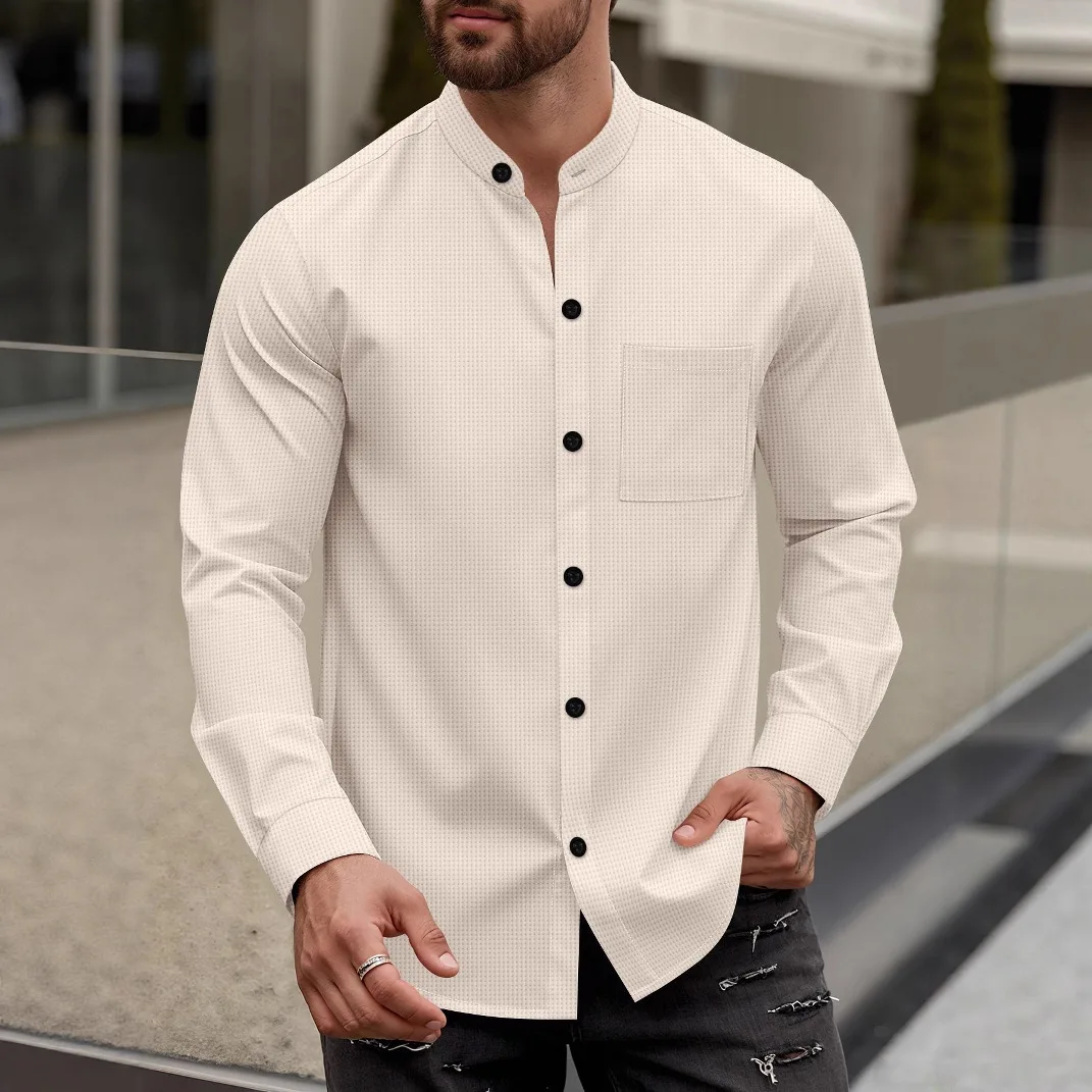 Autumn Men's New Solid Color Cardigan Breasted Stand-up Collar Shirt Casual Men's Long Sleeves