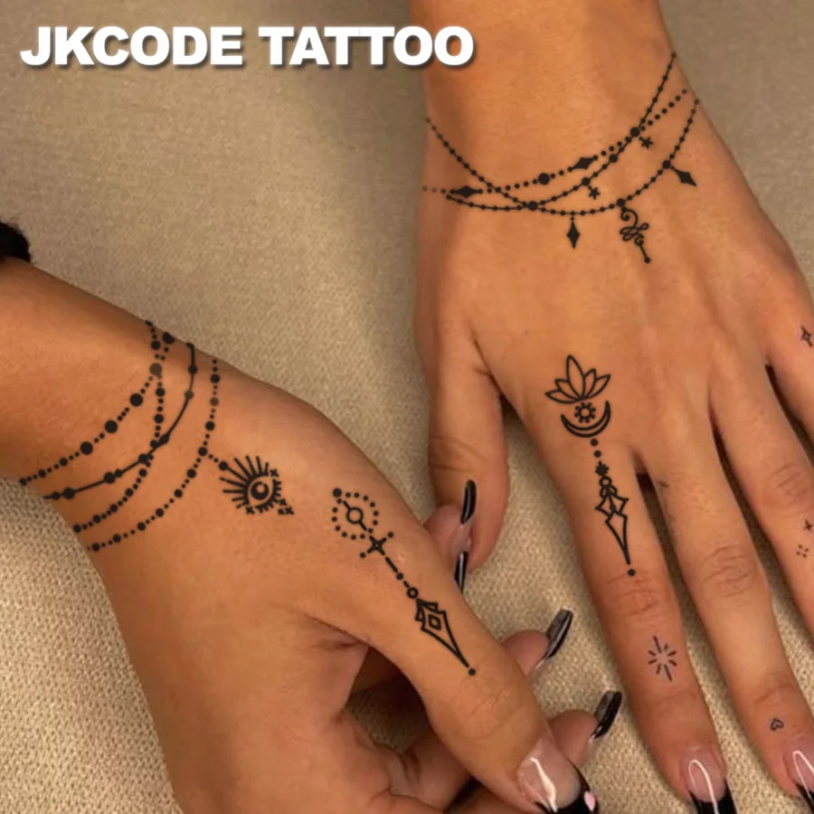Handtatoeage-minimalistisch ontwerp Ramadan-tatoeages-wetse mode-sieraden-zwarte henna-armband en enkelband-veerarmband-Lamb Crescent Totem New Festival handen en voeten langdurige waterdichte tattoo sticker-lichaamkunst voor 3-5 dagen