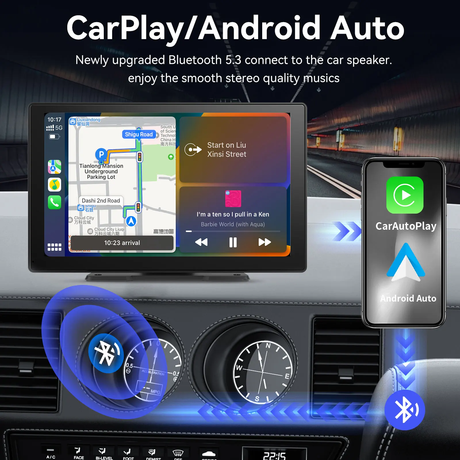 9 inch Wireless CarPlay Screen with Apple CarPlay& Android Auto,Portable Car Stereo AUX Input Bluetooth MirrorLink Universal