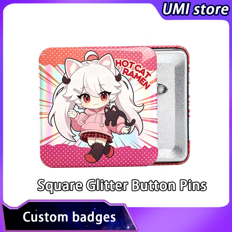 Custom Button Pins Square Glitter Button Pins Holographic Button Pins Photo Text Graphic Personalize Tinplate Pins Gifts