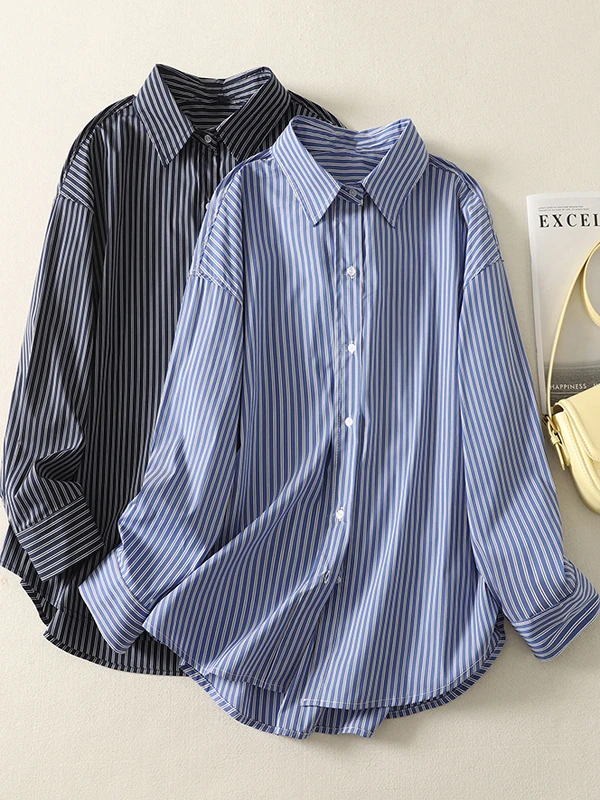 Lâche décontracté rayé irt grande taille femmes simple bouton Long Sve col rabattu ouvert Cardigan haut printemps Faion