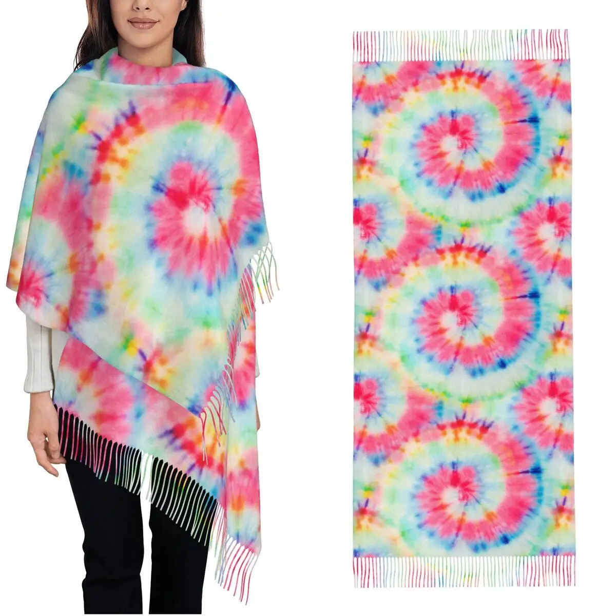 Bufanda colorida de teñido anudado para mujer, Pashmina, chales y envolturas para vestidos de noche, Oficina diaria, arte Trippy, sensación de Cachemira, bufandas grandes