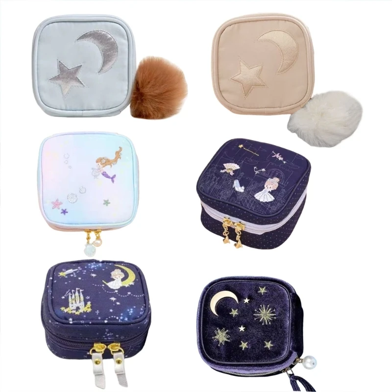 

Portable Jewelry Box Moon Star Embroider Small Zippered Necklace Earring Rings Storage Holder Carrying Case