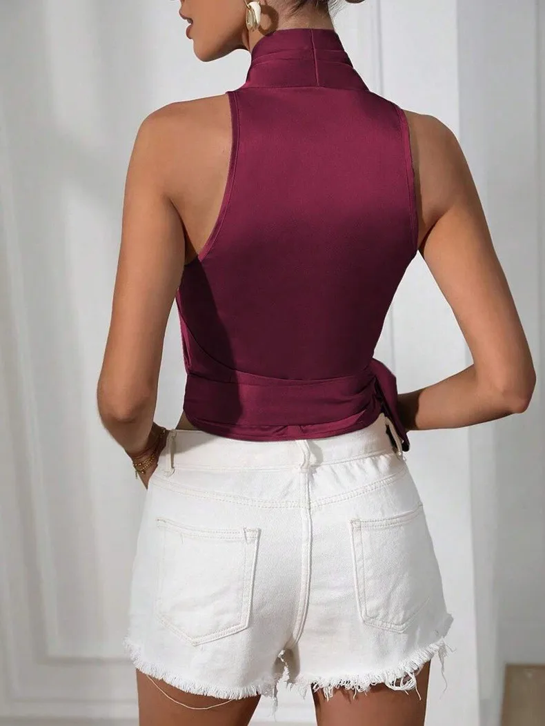 Women's Satin Sleeveless Halter Neck Tie Front Wrap Side Solid Color Slim Fit Blouse Tank Top for Women Clothing Female Fashion