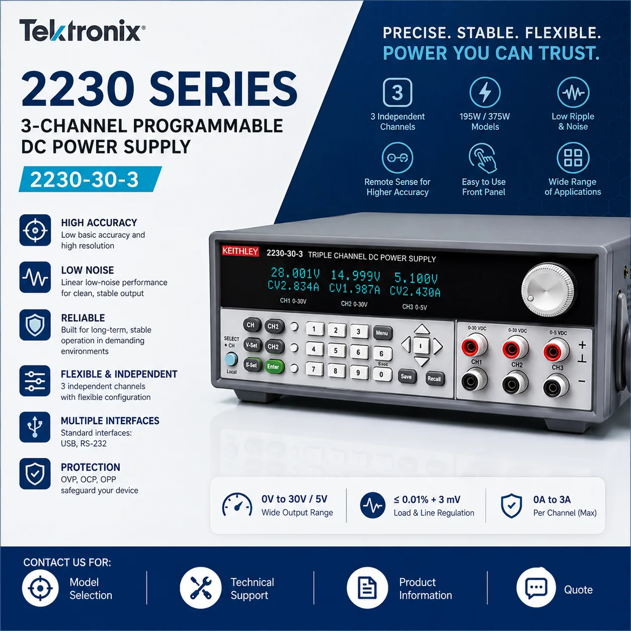 Tektronix 2230 Series Triple Channel Programmable DC Power Supply, Low Noise, High Accuracy, Independent Outputs