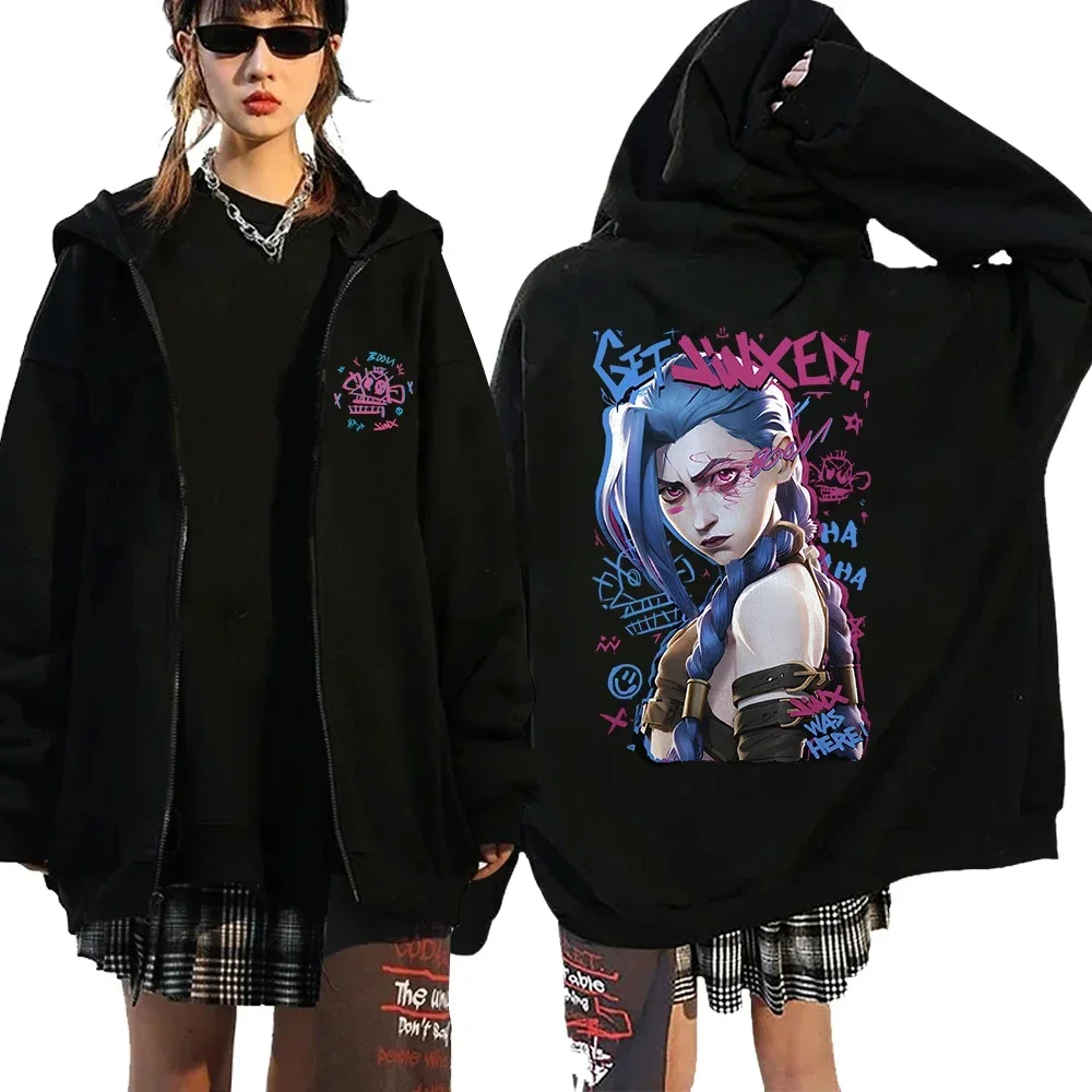 Game Arcane Jinx Printing Zipper Hoodie Adult Men Women Hip Hop Fashion Black Sweatshirt Pullover Streetwear Tops Halloween Suit