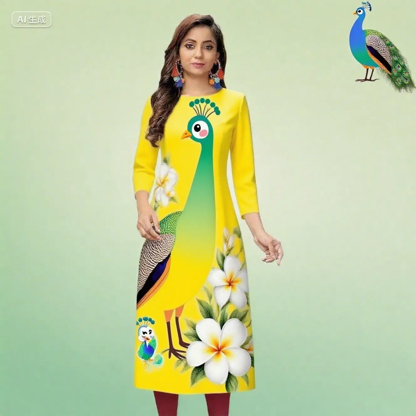 무슬림 레드 여성 캐주얼 패셔너블 편안한 스트레이트 튜브 캐주얼 에스닉 공작새 민족 스타일 아비토 도나 무슬리마나