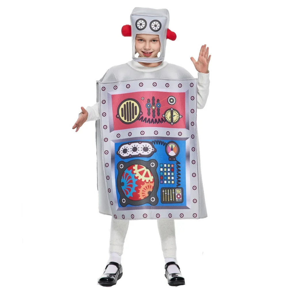 Funny Robot Jumpsuit Cosplay Costume Halloween Kids 3D Printed Headgear Fancy Party Dress Children Boys Girls One Size