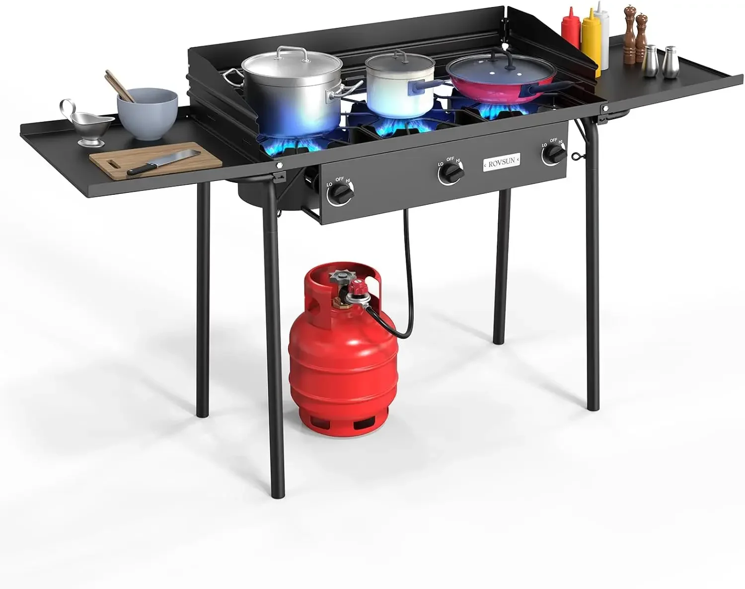 3 Burner Gas Stove with 2 Side Shelves, 225,000BTU Portable Propane Stove with Removable Leg, Wind Panel, Regulator for Camping