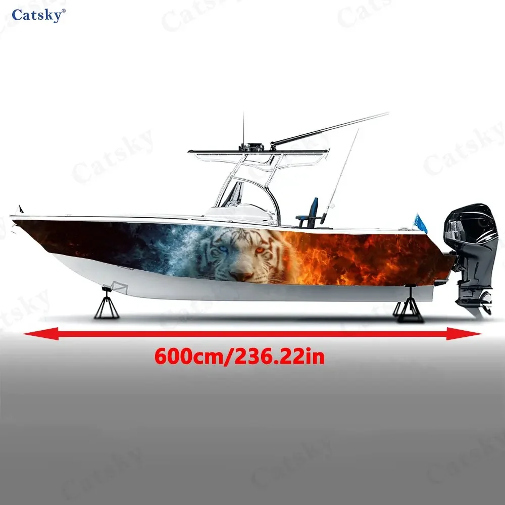 Red and Blue Flame Tiger Boat Stickers, PVC Waterproof Durable Vinyl Wrap Decals for Fishing Boats, Durable and Stylish Design