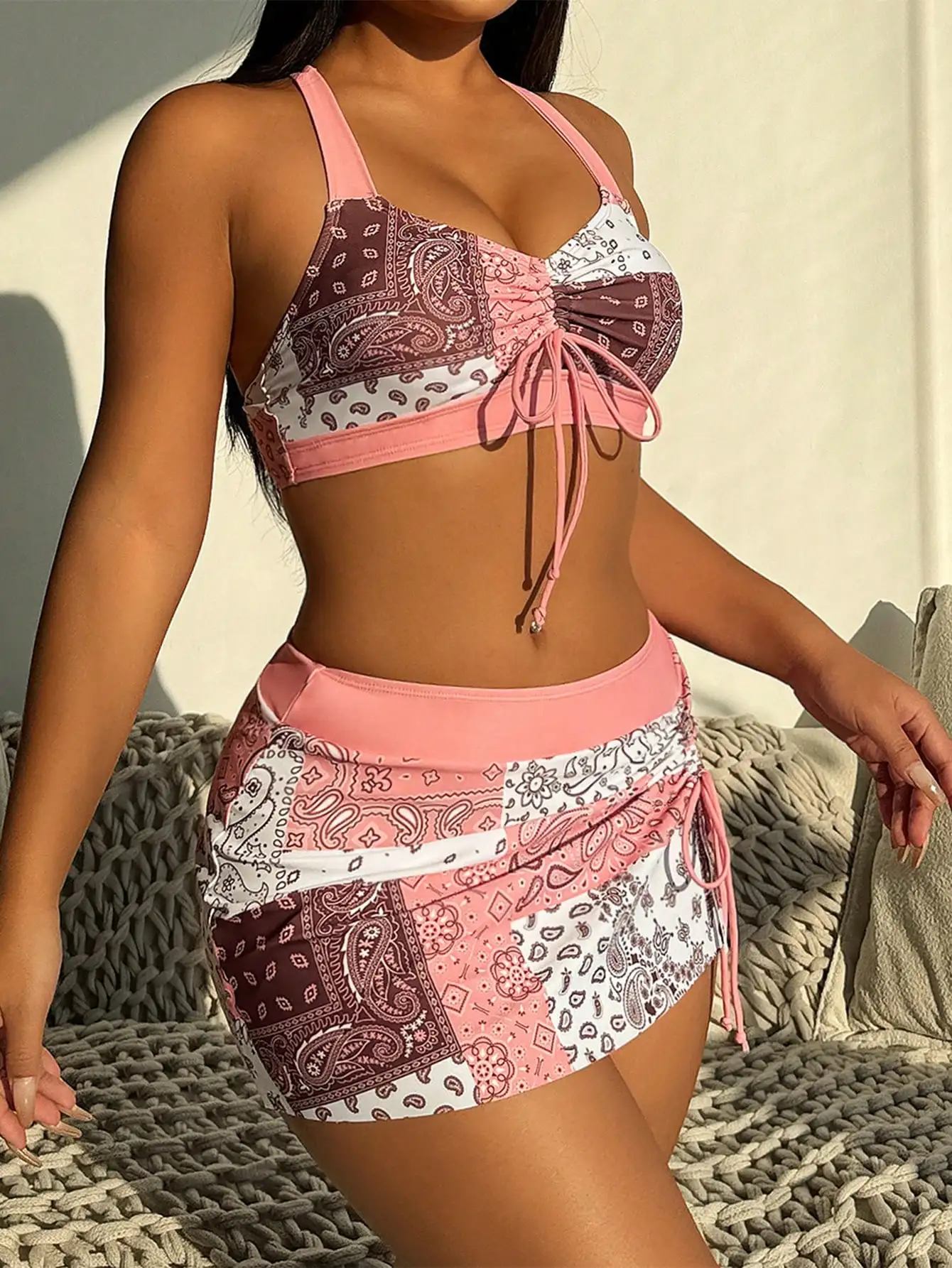 

Paisley Print Halter Tie Front Bikini Set For Beach Summer Holiday