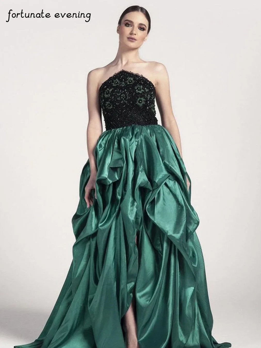 

Fortunate Evening Elegant Vintage Green Beading Sequined Flower Strapless Ruffle Formal Occasion Prom Dresses Evening Party Gown