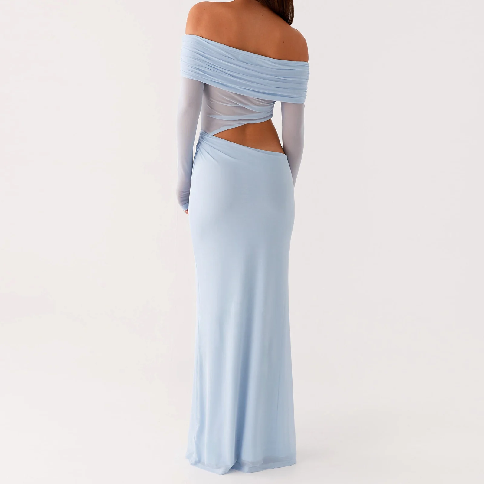 여성 섹시 오프숄더 우아한 롱 드레스 슬림 루슈 솔리드 컬러 컷아웃 긴팔 백리스 메쉬 바디콘 파티 클럽 드레스